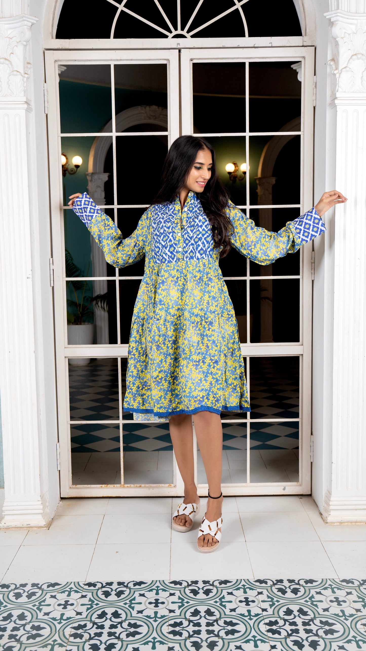 Noroke Sustainable fabric | Cupro Muslin Blue Pottery Tunic Dress | Swadesiicart