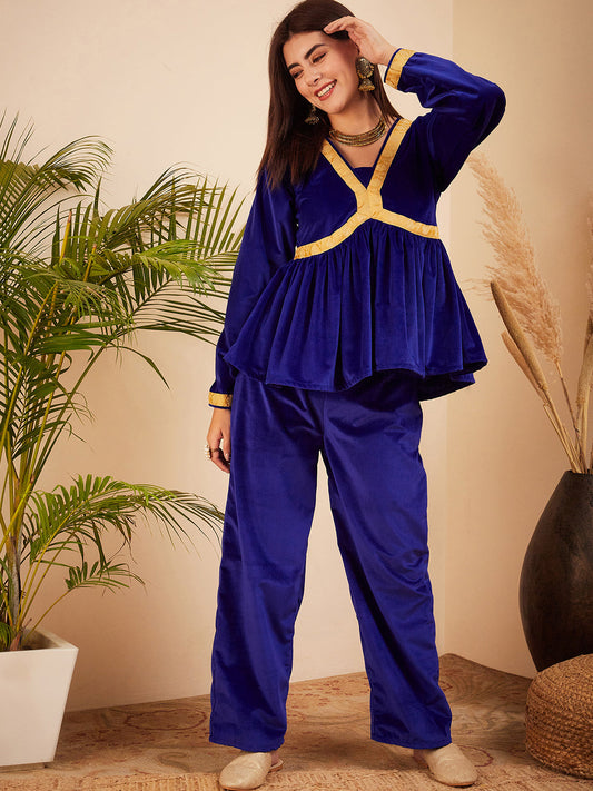 InWeave Women's Royal Blue Mughal Shaan Style Velvet Short Kurta Set - Swadesiicart