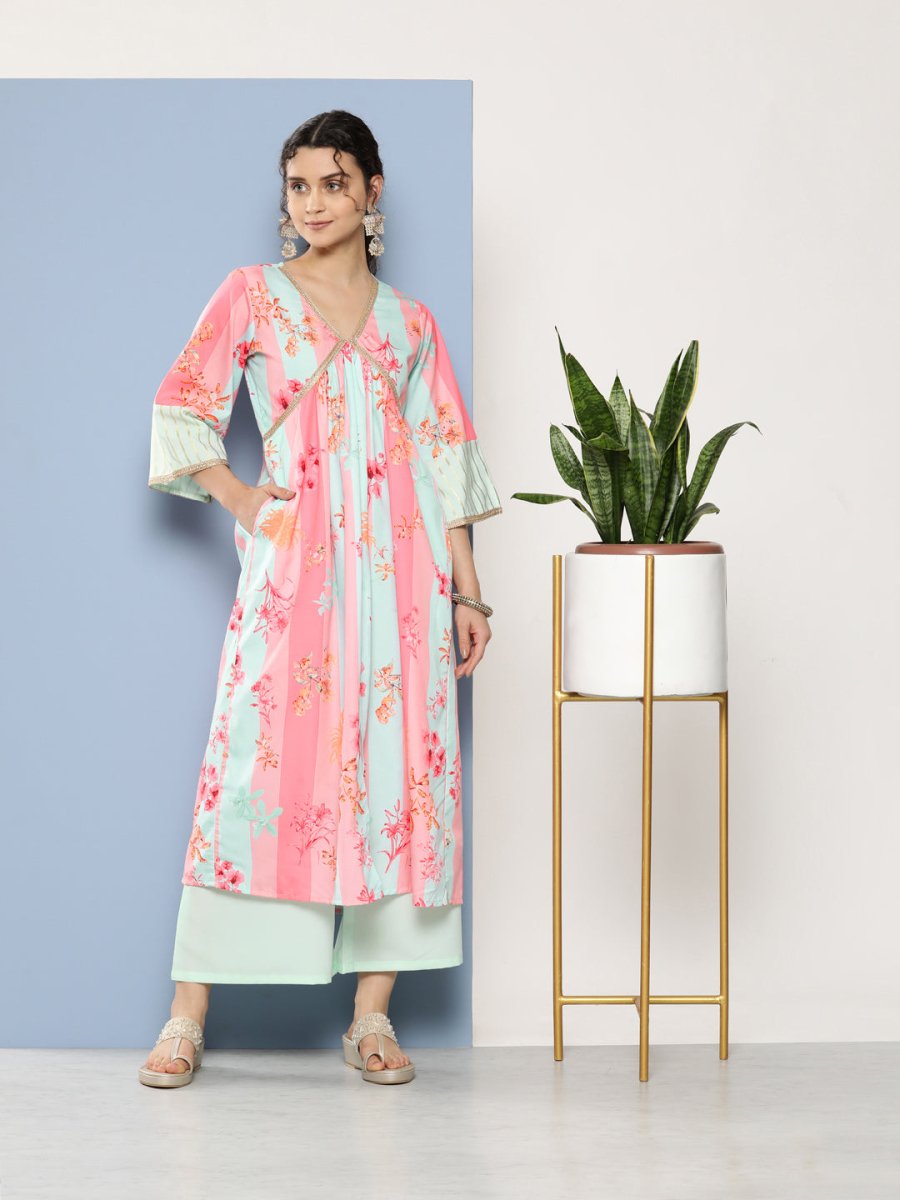 Ahalyaa Women Floral Printed Pleated Gotta Patti Kurta With Palazzos | Swadesiicart