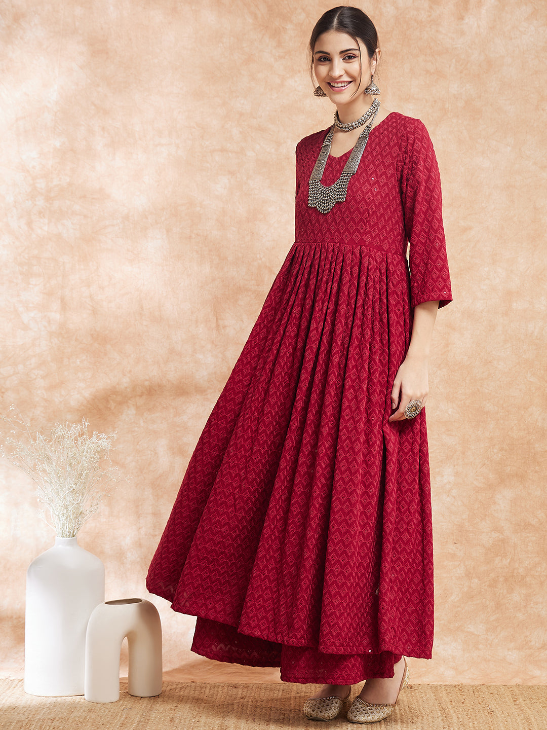 InWeave Women's Maroon Chikankari Long Anarkali Kurta Sharara Set - Swadesiicart