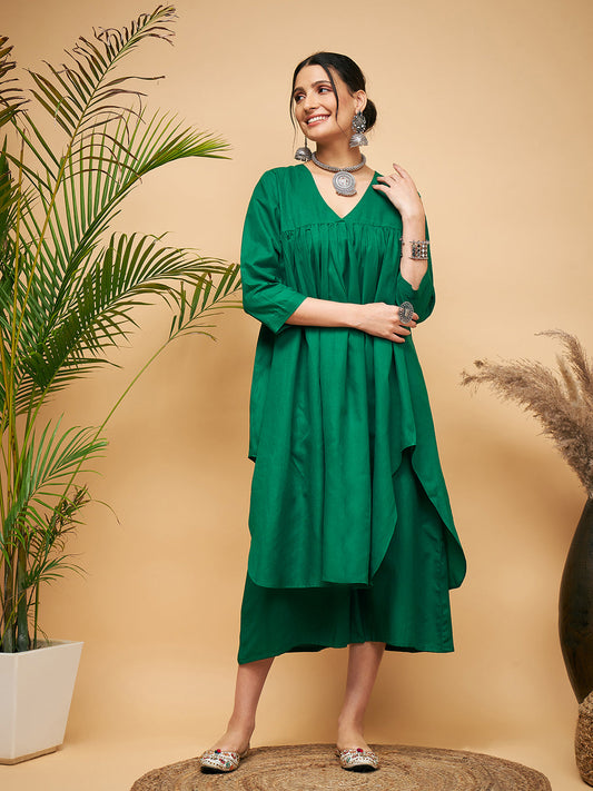 InWeave Women's Forest Green Flared Kurta Palazzo Set - Swadesiicart