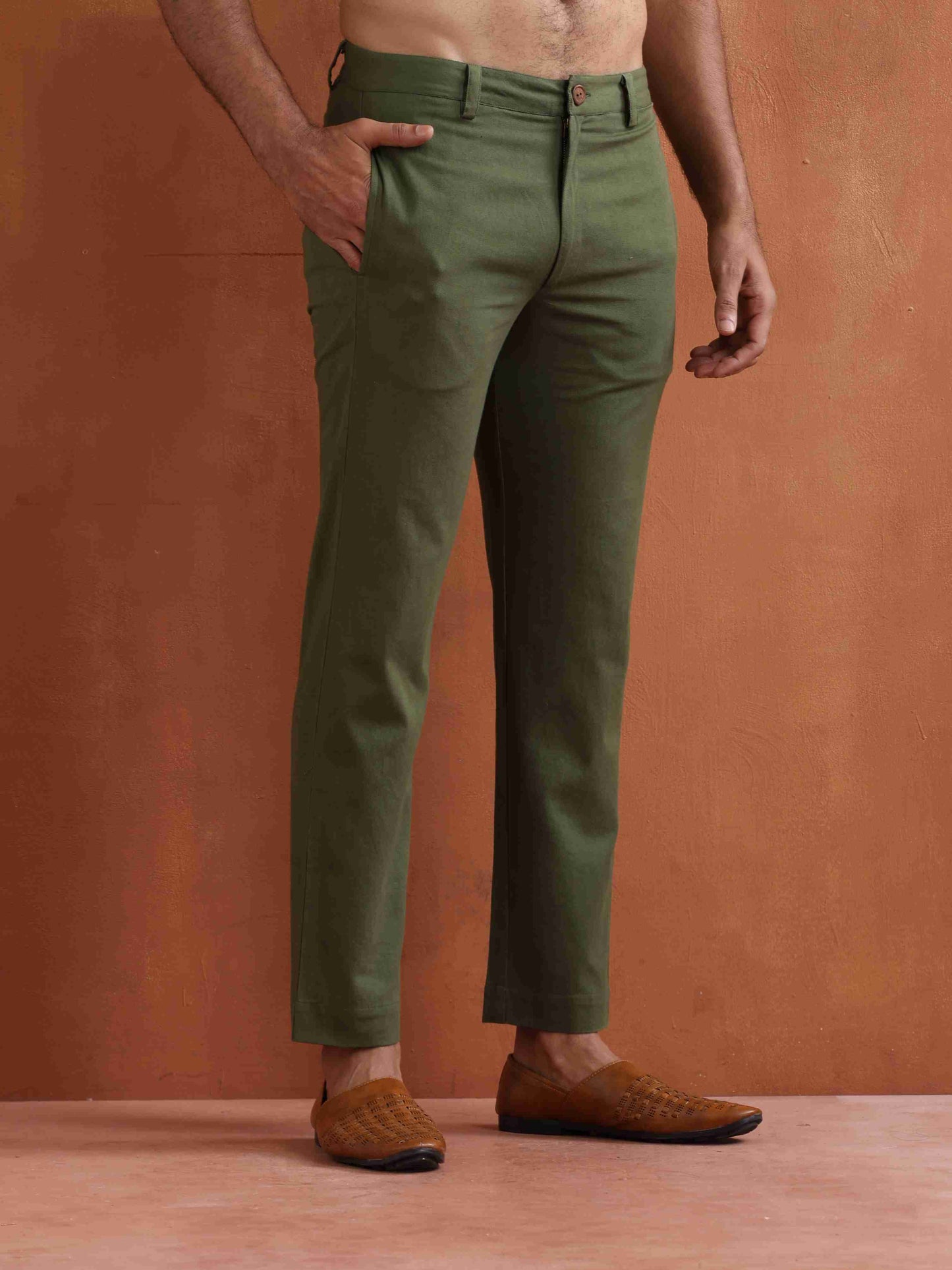 trueBrowns Men's Olive Green Cotton Twill Pants | Swadesiicart