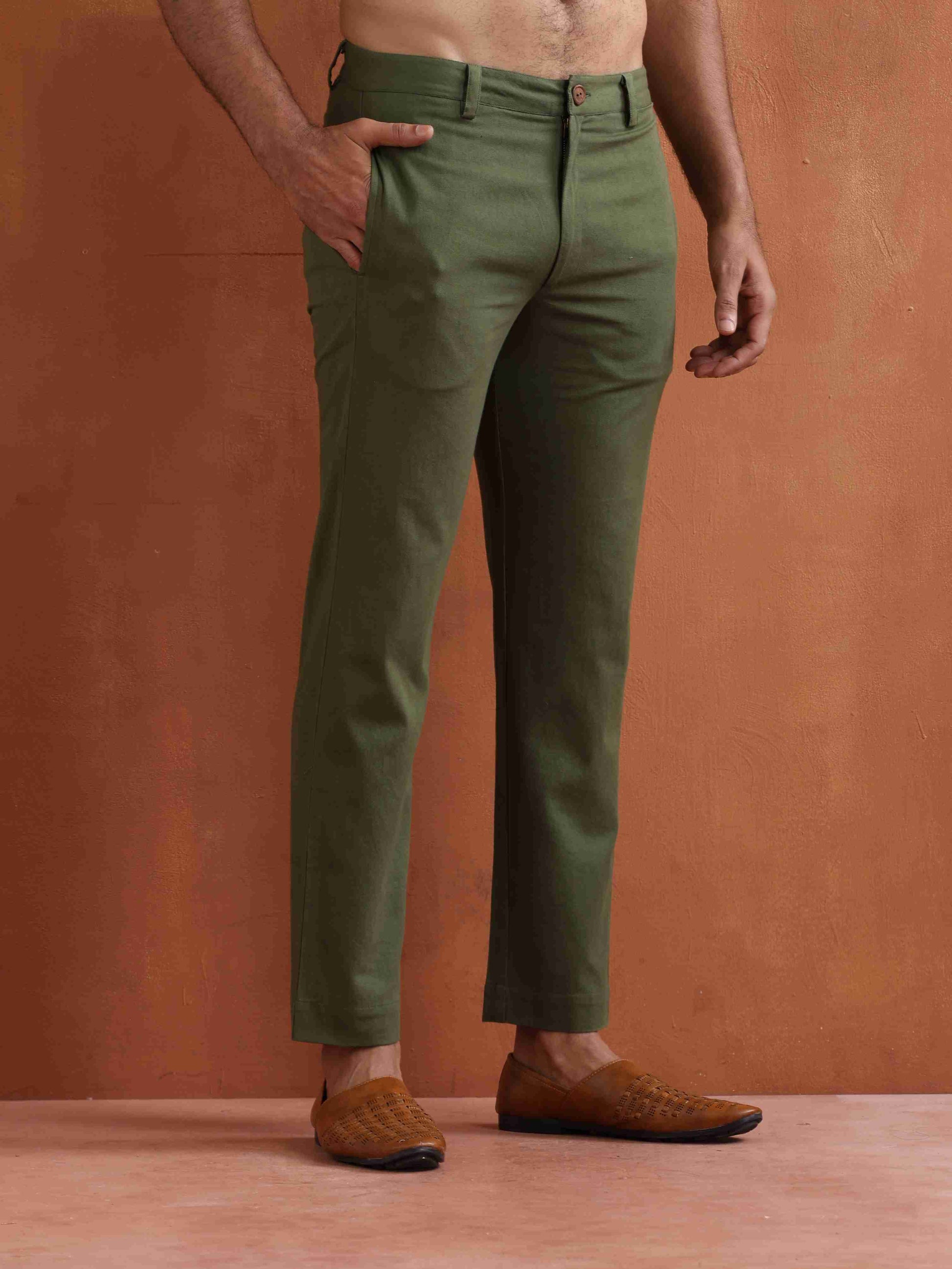 trueBrowns Men's Olive Green Cotton Twill Pants | Swadesiicart