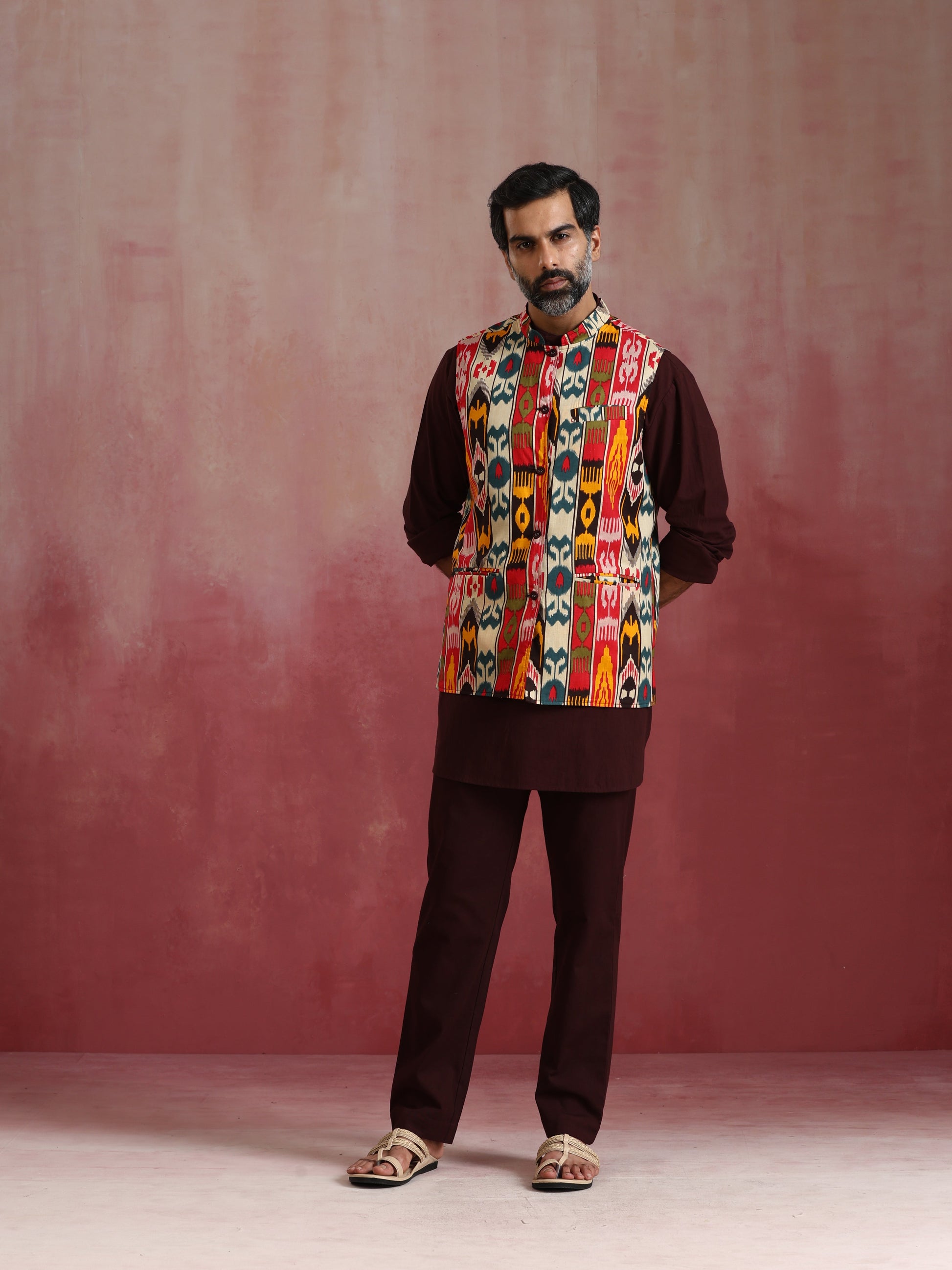 trueBrowns Men's Cola Ikat Print Cotton Reversible Nehru Jacket | Swadesiicart