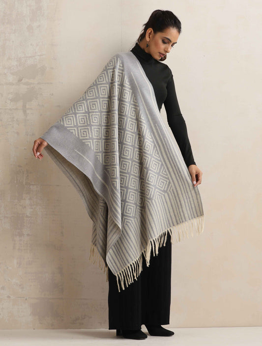 trueBrowns Grey Geometric Woollen Stole | Swadesiicart