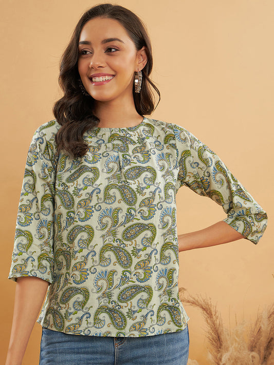 InWeave Women's Sage Green Paisley Print Top - Swadesiicart