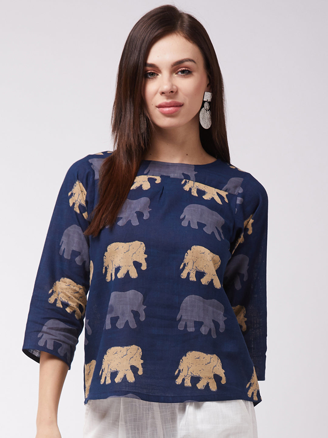 InWeave Elephant Print Blue Top - Swadesiicart