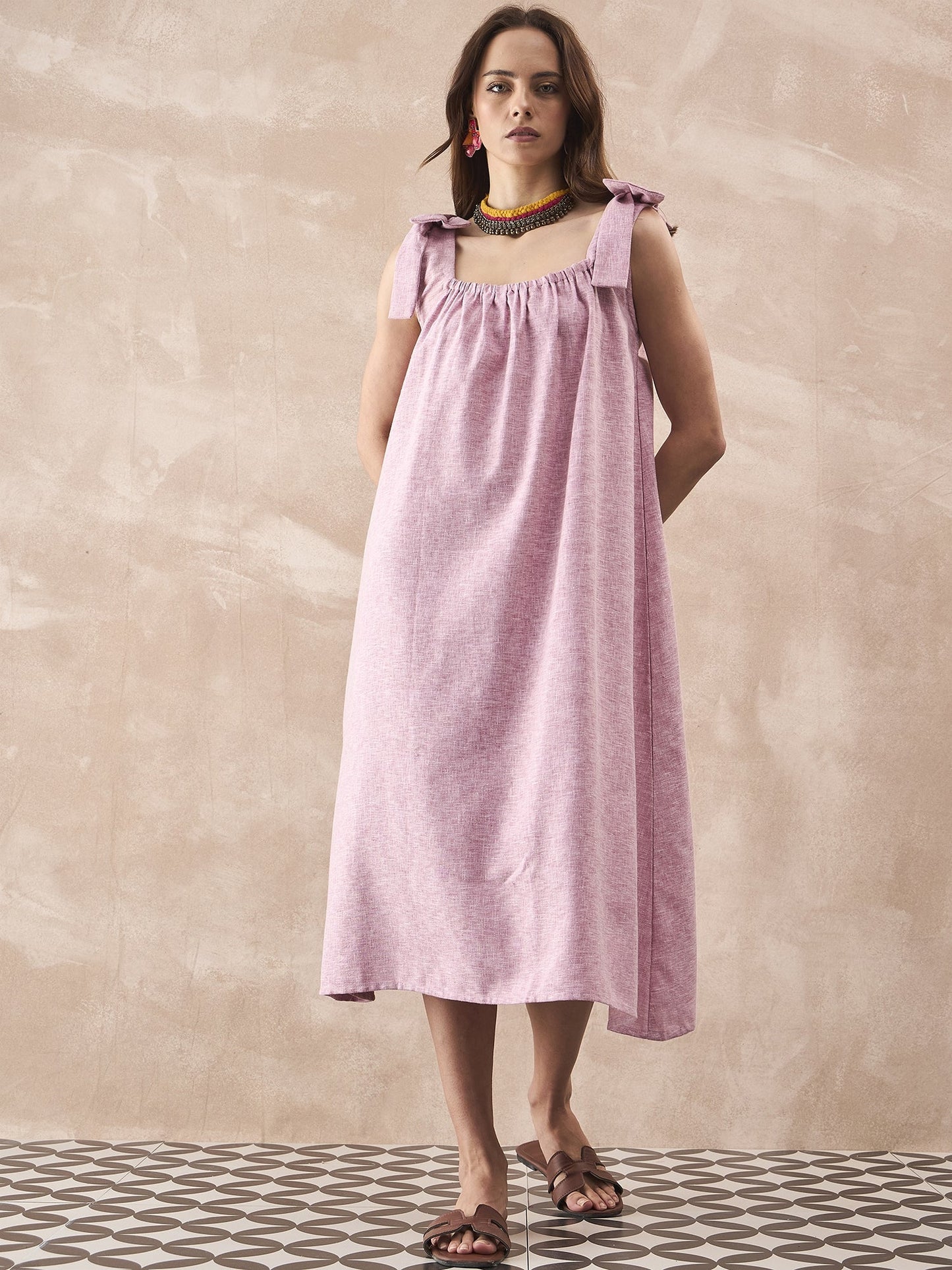 InWeave Dull Pink Linen Round Pleat Bow Dress - Swadesiicart