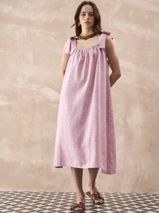 InWeave Dull Pink Linen Round Pleat Bow Dress - Swadesiicart
