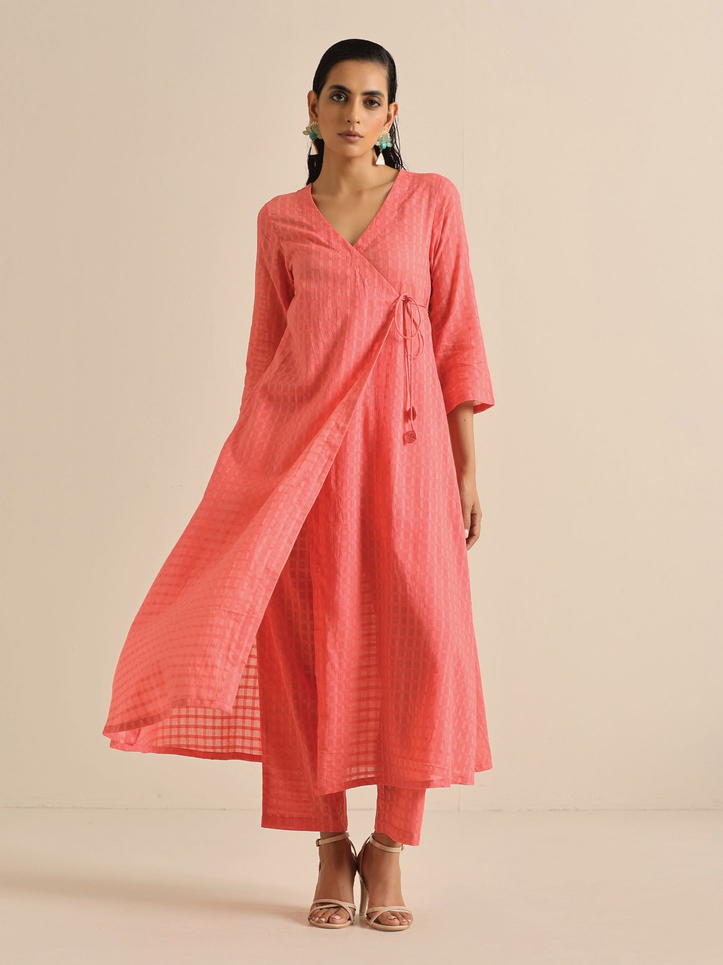 trueBrowns Bright Pink Dobby Angrakha Kurta Pant Set | Swadesiicart