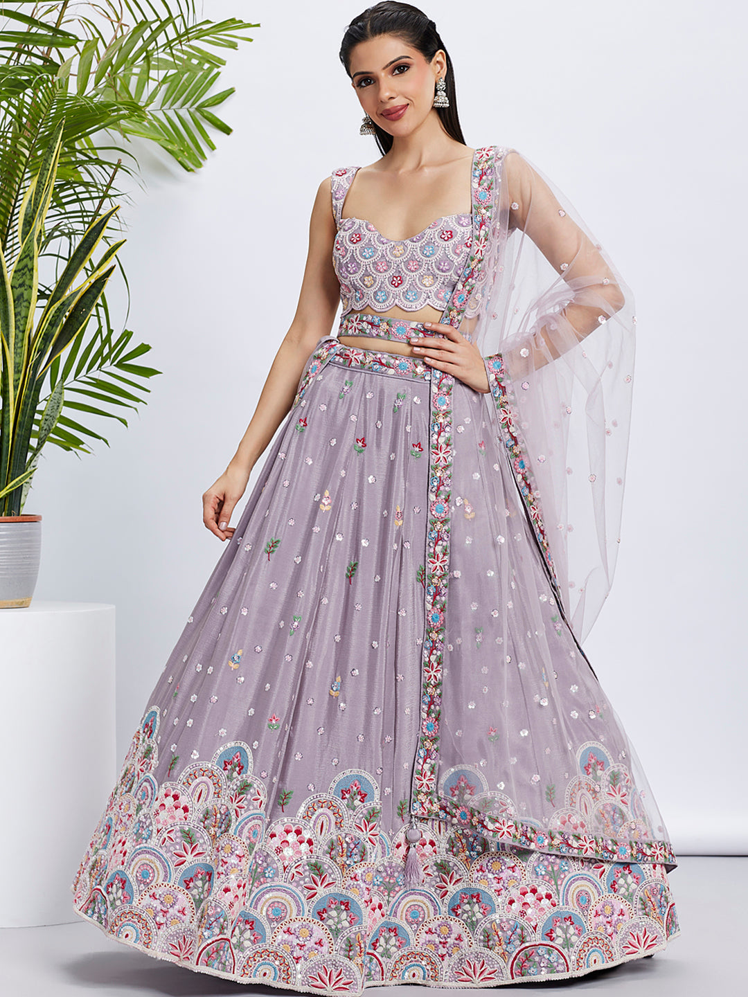 House of Panchhi Burgundy Pure Georgette Sequins And Thread Embroidery Lehenga Choli & Dupatta | Swadesiicart