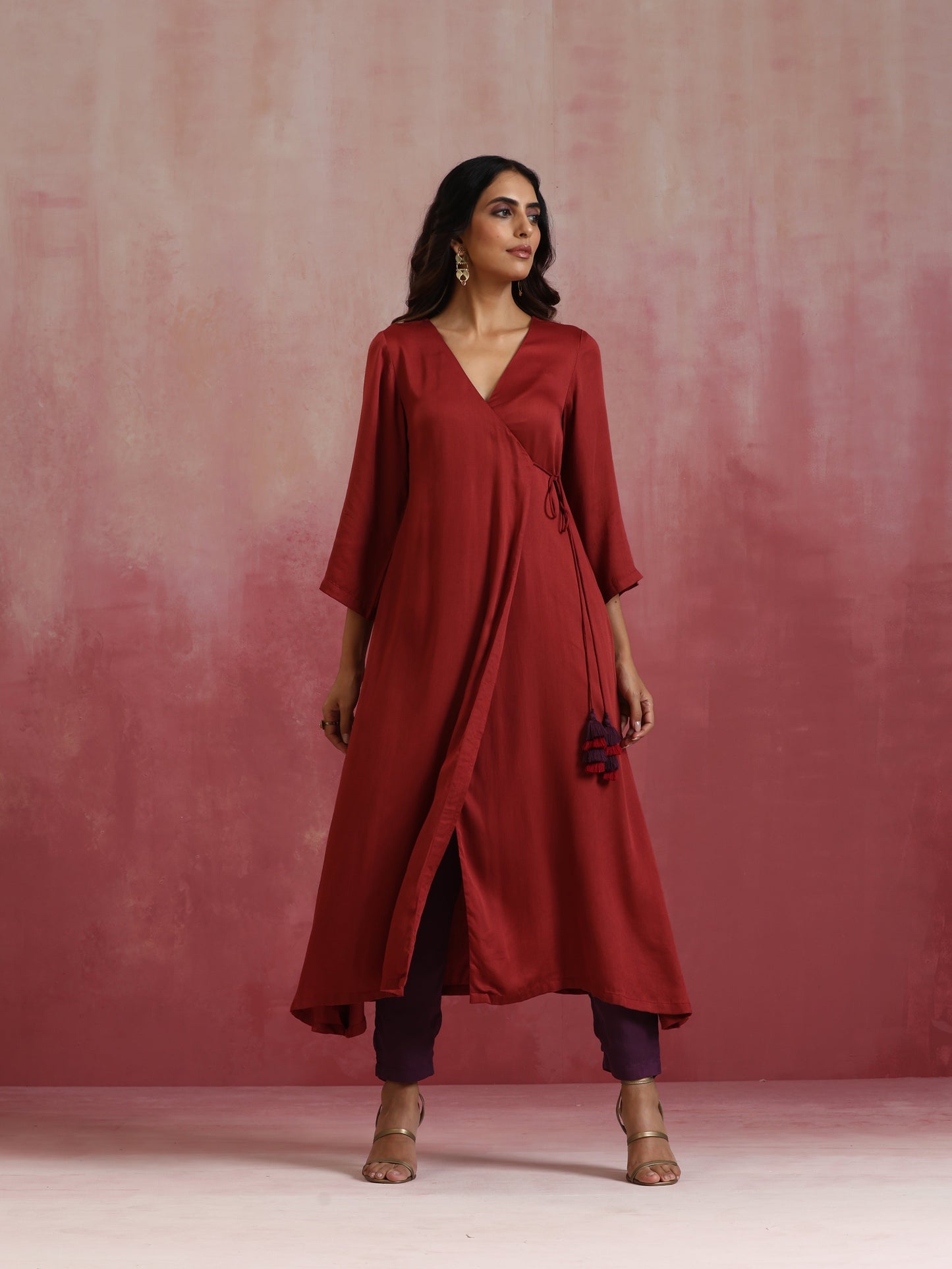 trueBrowns Maroon Modal Angrakha Kurta Set | Swadesiicart