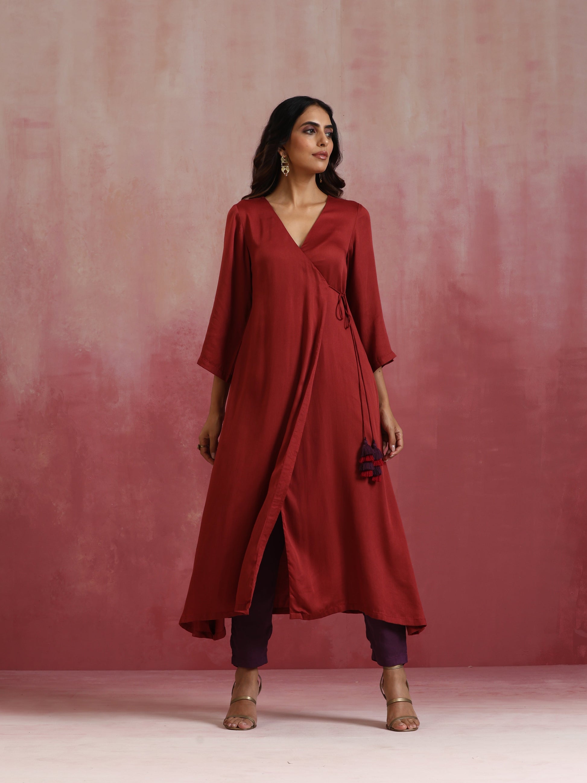 trueBrowns Maroon Modal Angrakha Kurta Set | Swadesiicart