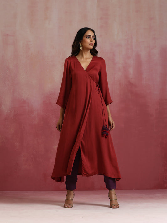 trueBrowns Maroon Modal Angrakha Kurta Set | Swadesiicart