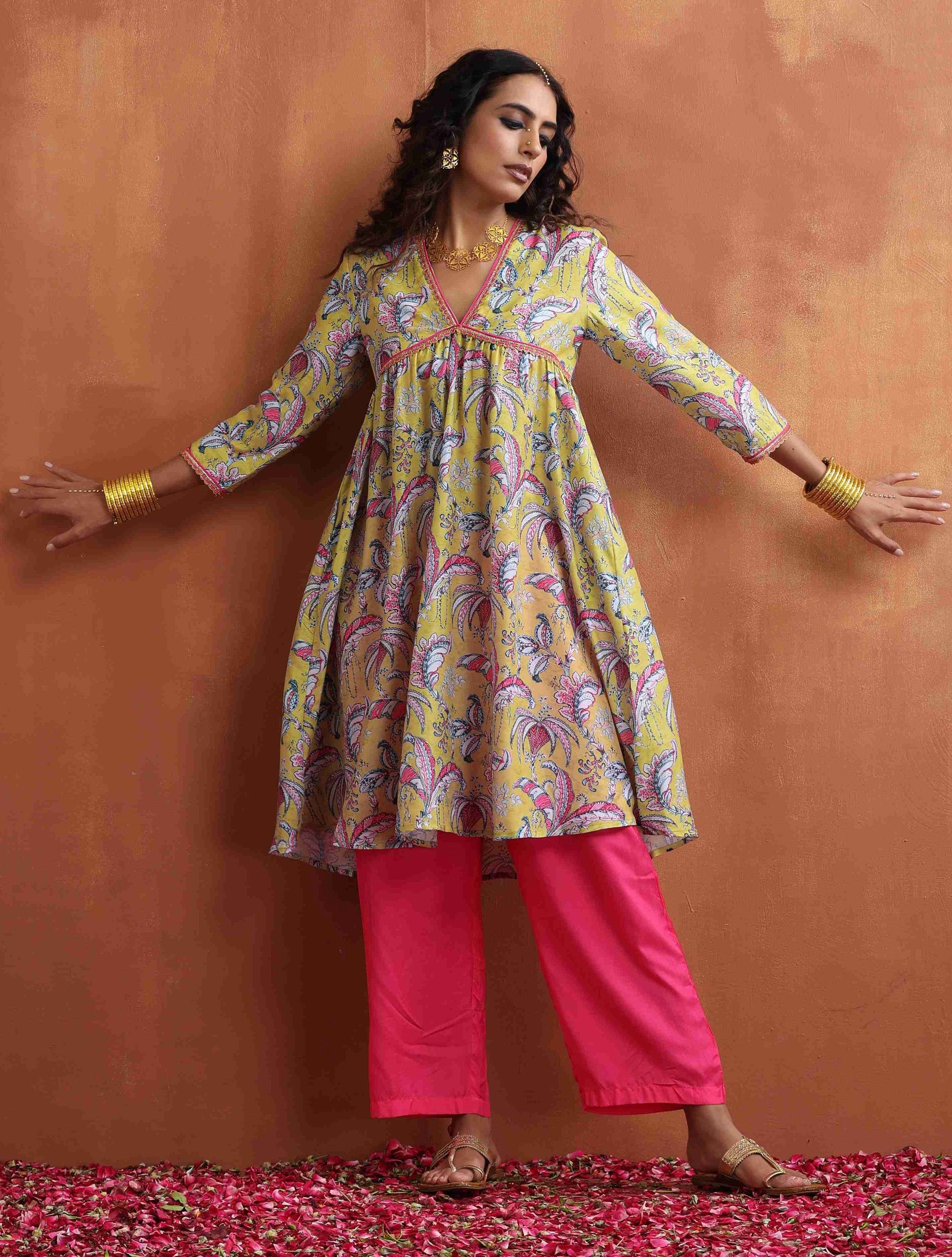 trueBrowns Yellow Print Anarkali Kurta Co-ord Set - Swadesiicart