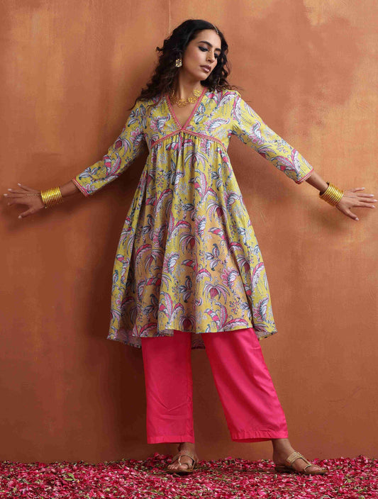 trueBrowns Yellow Print Anarkali Kurta Co-ord Set - Swadesiicart