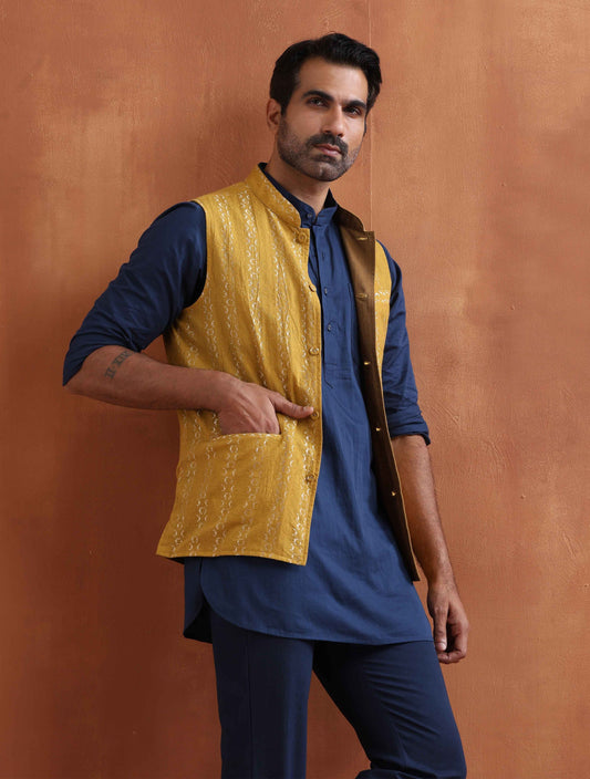 trueBrowns Men's Mustard Cotton Dobby Reversible Nehru Jacket | Swadesiicart