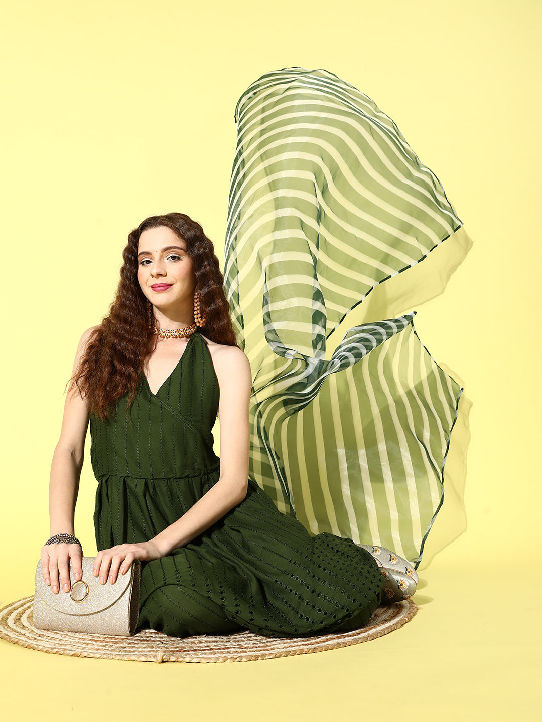 InWeave Women's Green Lace Work Backless Kurta Sharara Set With Lehariya Dupatta - Swadesiicart