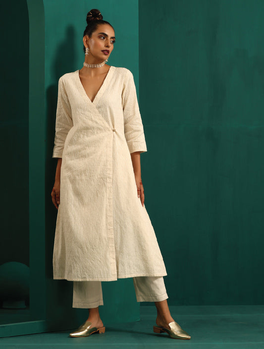 trueBrowns Ivory Tonal Cotton Angrakha Kurta Pant Set | Swadesiicart