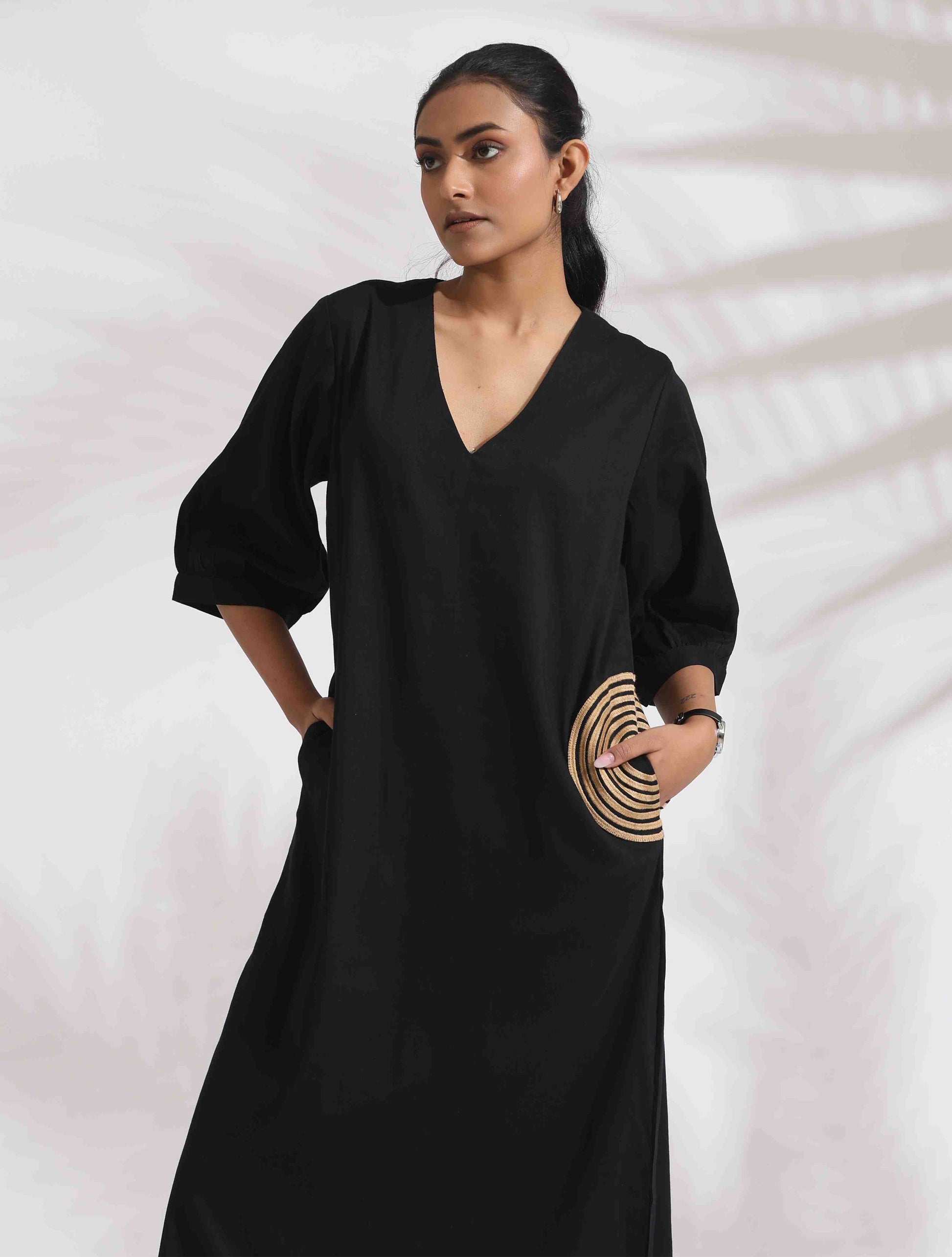 trueBrowns Black Cotton Embroidered Dress | Swadesiicart