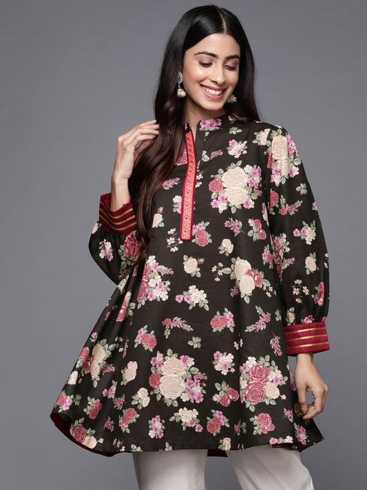 Ahalyaa Mandarin Collar Floral Print Crepe Tunic | Swadesiicart