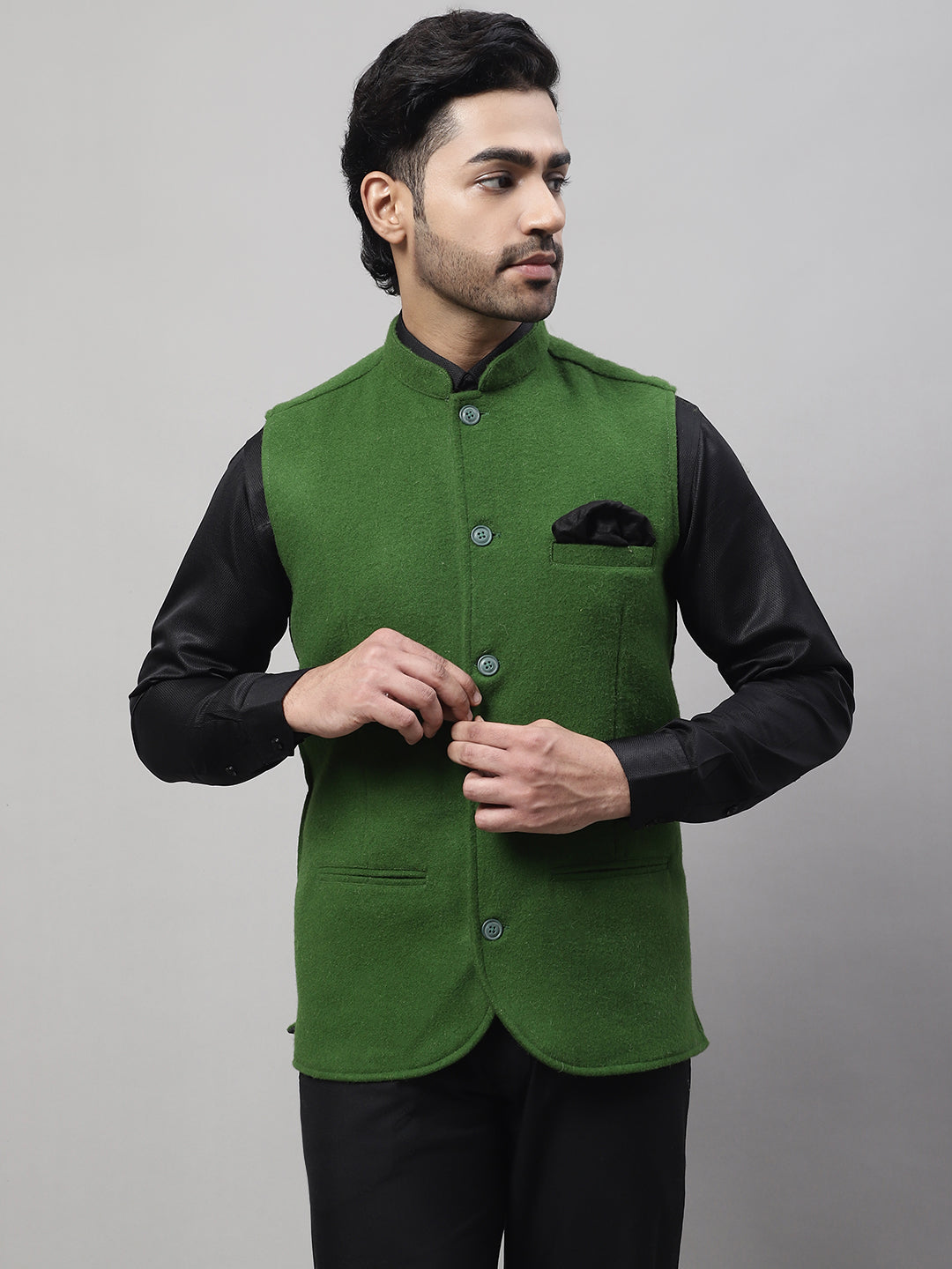 Even Apparels Men's Green Pure Wool Nehru Jacket | Swadesiicart