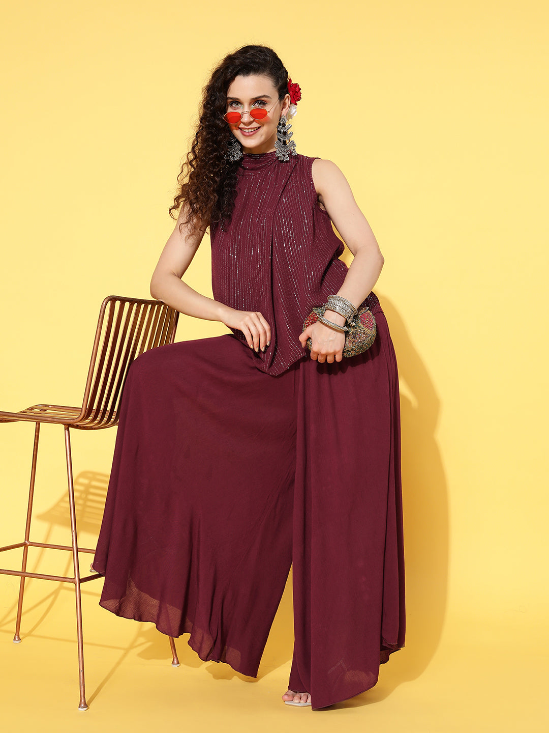 InWeave Women's Maroon Lurex Top With Flared Palazzo - Swadesiicart