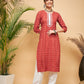 InWeave Women's Rust Small Floral Print Lace Straight Kurta Pant Set - Swadesiicart