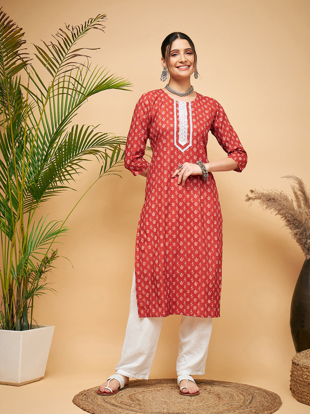 InWeave Women's Rust Small Floral Print Lace Straight Kurta Pant Set - Swadesiicart
