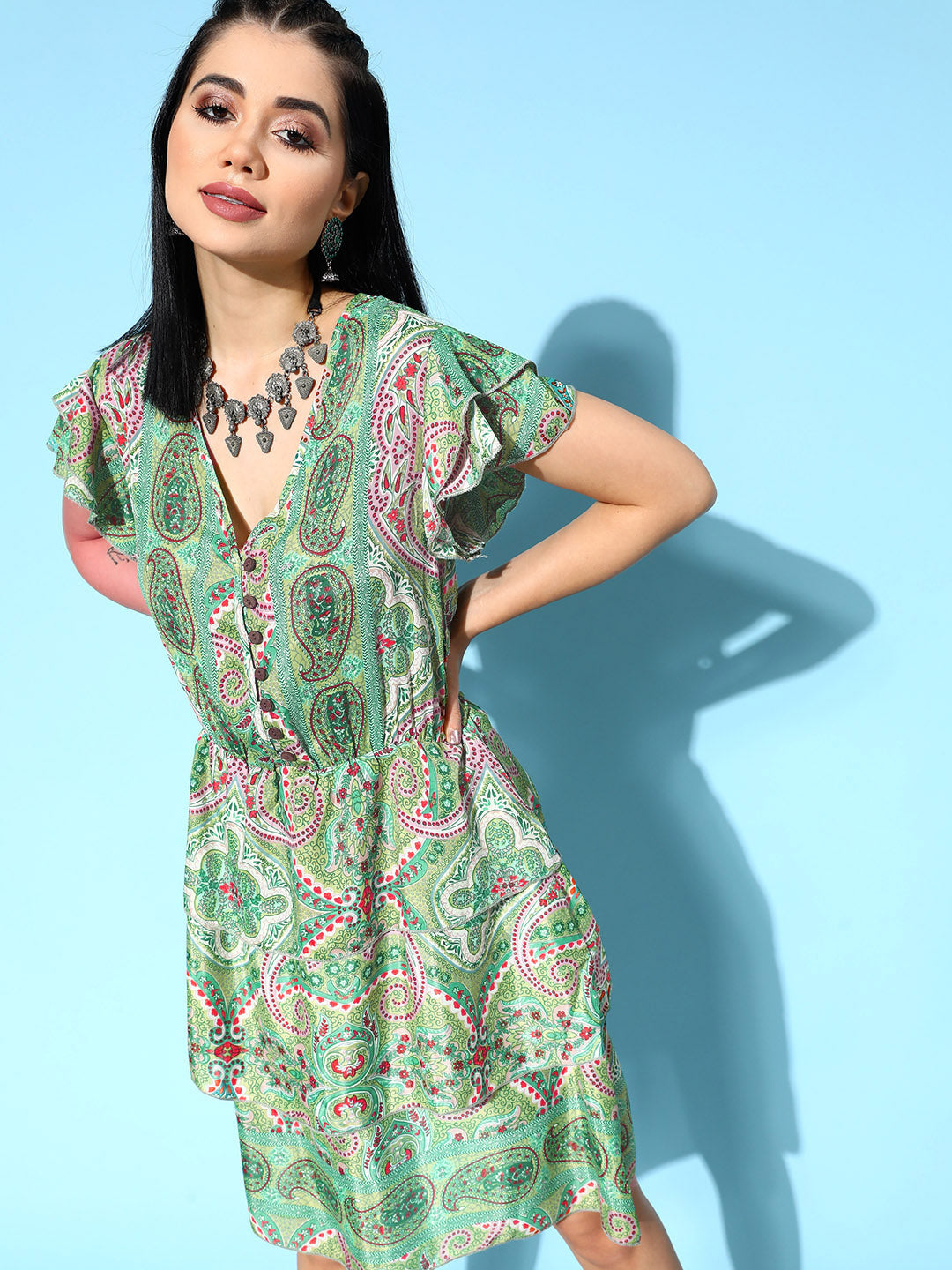 InWeave Women's Soft Green Tiered Short Dress - Swadesiicart
