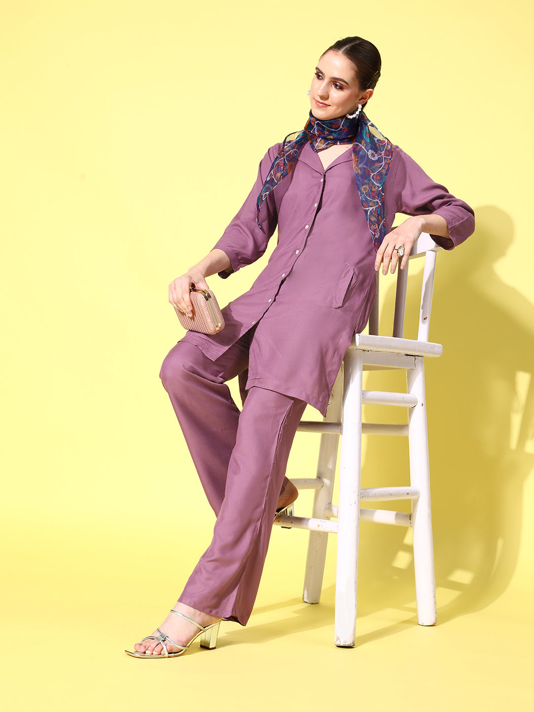InWeave Women's Mauve Coord Set With Indigo Kalamkari Scarf - Swadesiicart