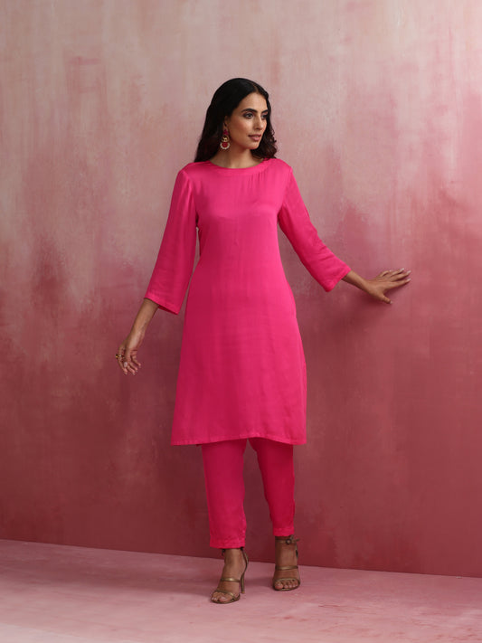 trueBrowns Pink Modal Round Neck Kurta Co-ord Set - Swadesiicart