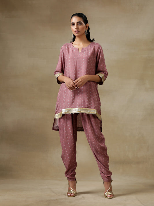 trueBrowns Dark Mauve Bandhani Printed Silk Loose Kurta Dhoti Pant Set | Swadesiicart