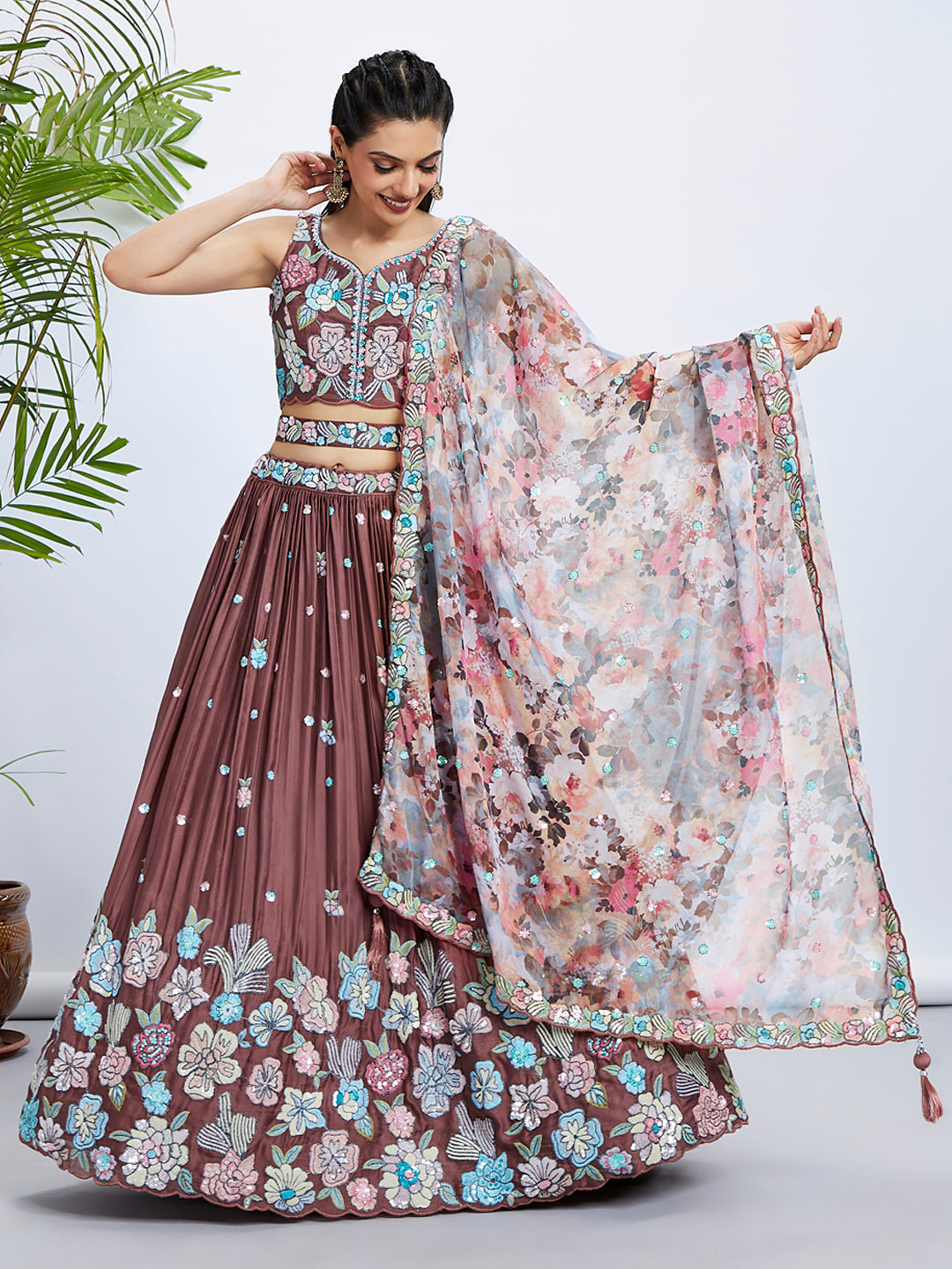 House of Panchhi Rose Gold Pure Georgette Sequins And Thread Embroidery Lehenga Choli & Dupatta | Swadesiicart