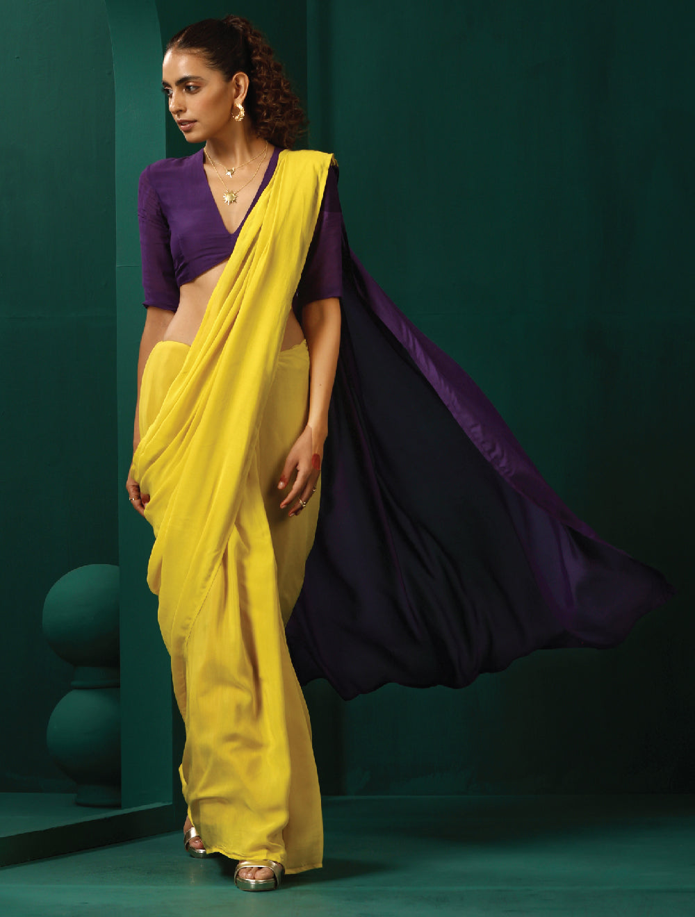 trueBrowns Yellow Purple Muslin Silk Ready to Wear Saree | Swadesiicart