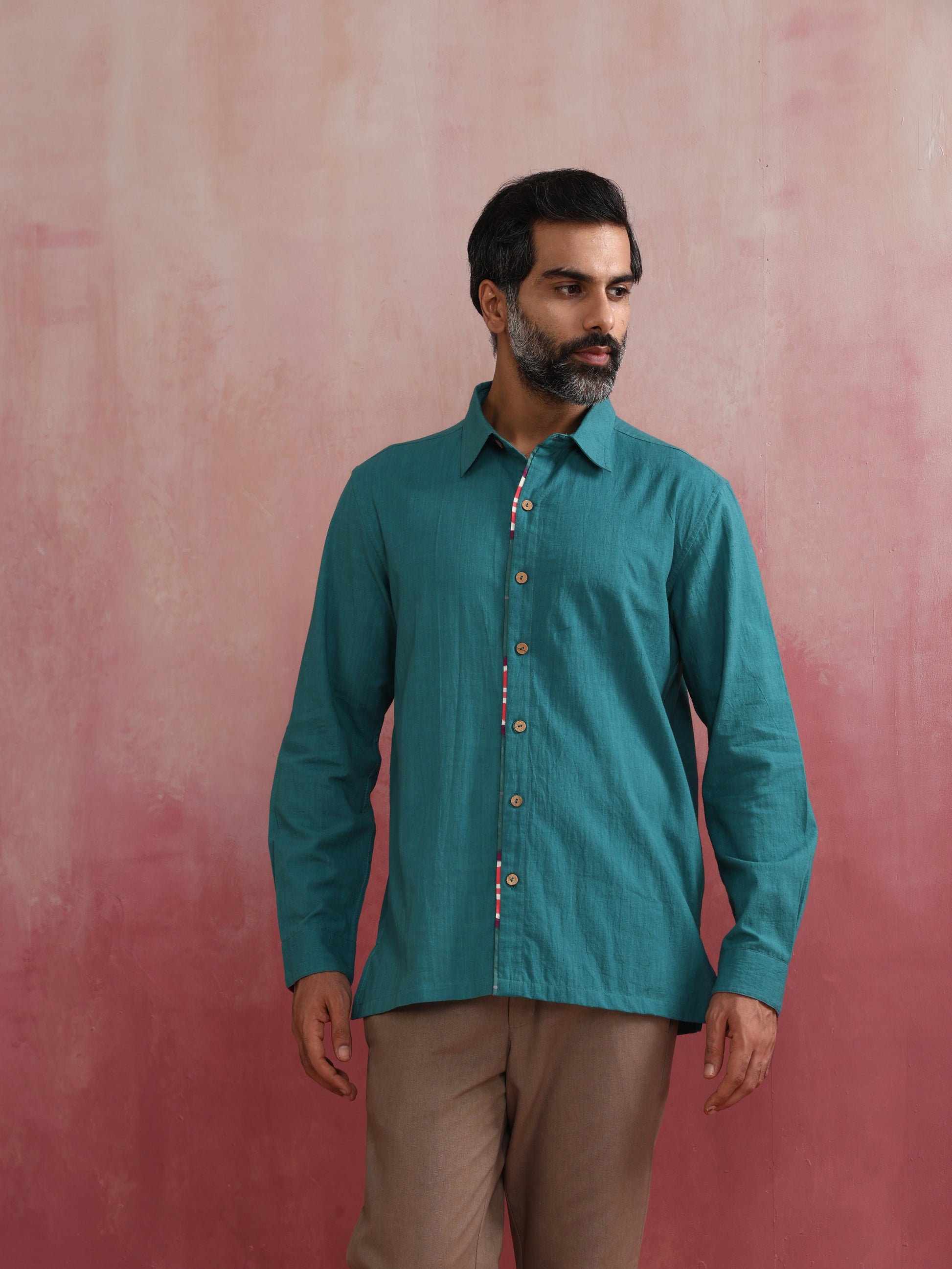 trueBrowns Men's Teal Cotton Shirt | Swadesiicart