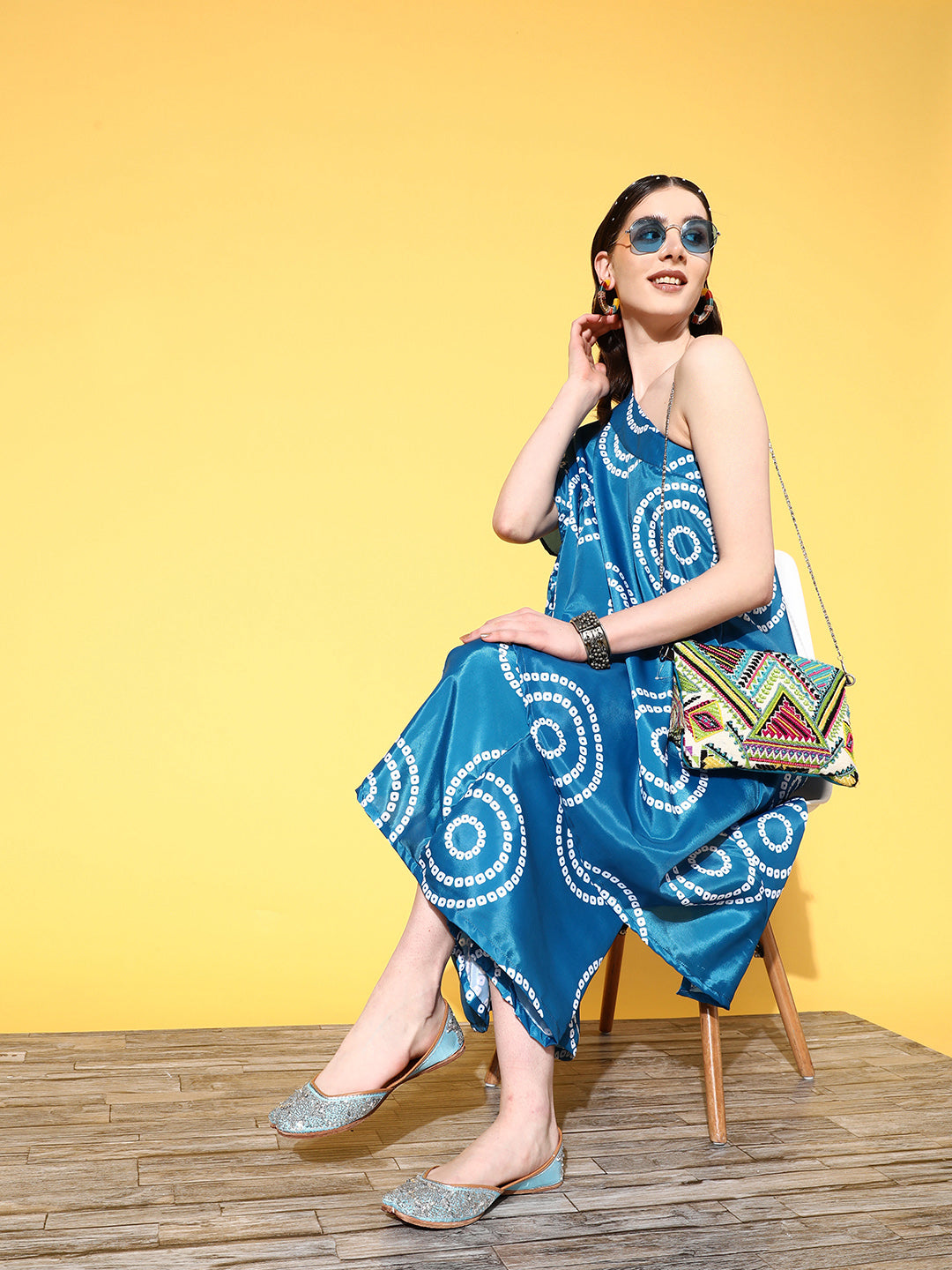 InWeave Women's Blue Bandhani Motif One Shoulder Palazzo Set - Swadesiicart