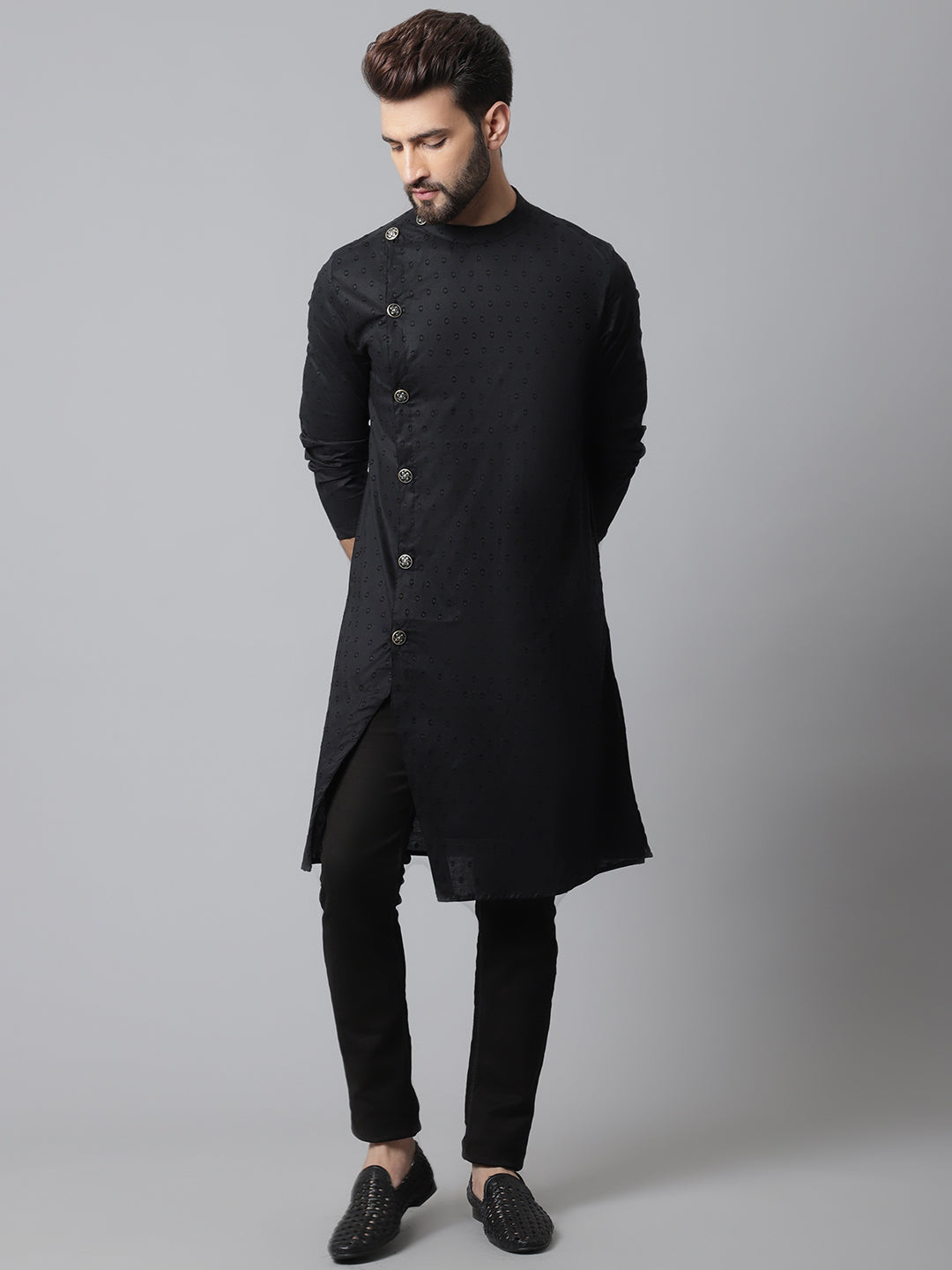 Even Apparels Black Pure Cotton Kurta With Band Collar | Swadesiicart