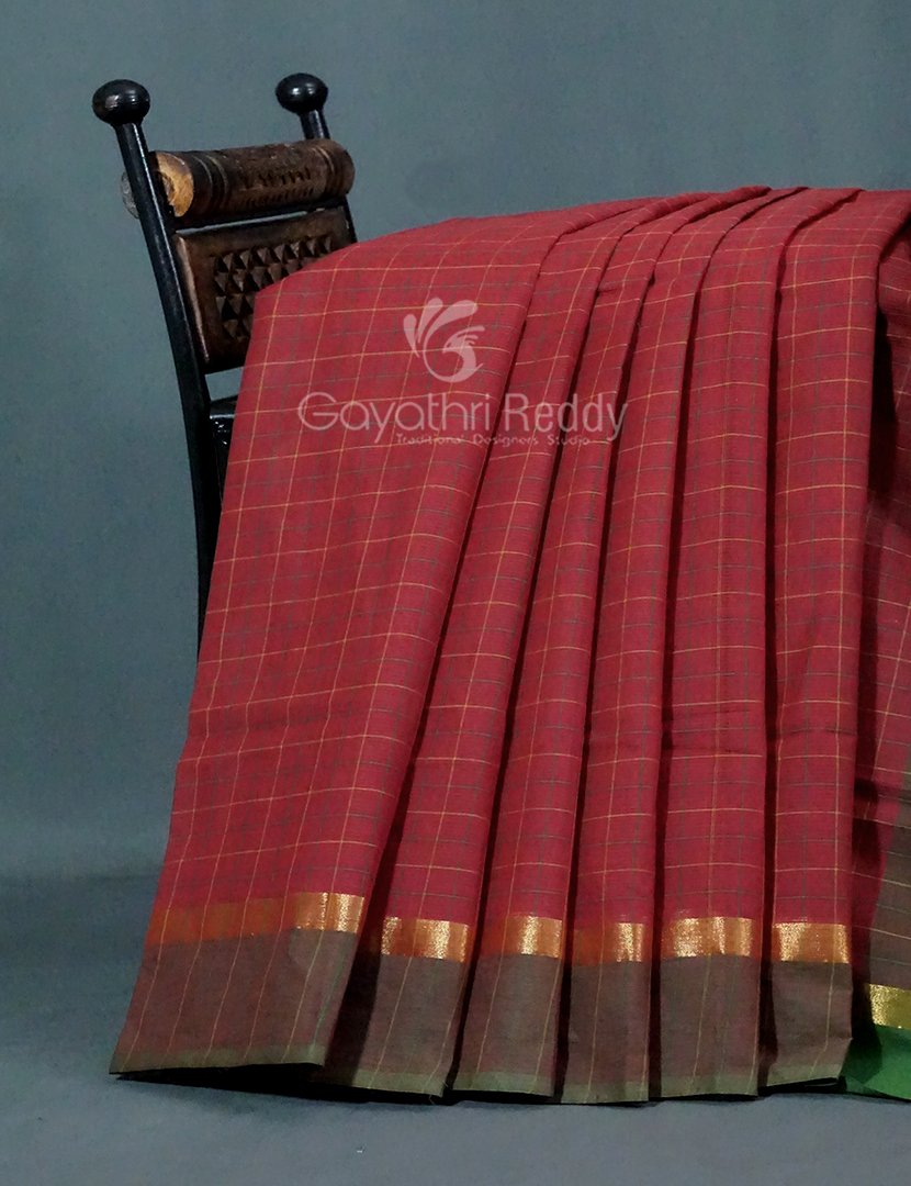 Maroon With Checks Pure Mangalgiri Cotton Saree By Gayathri Reddy Designer Studio | Swadesiicart