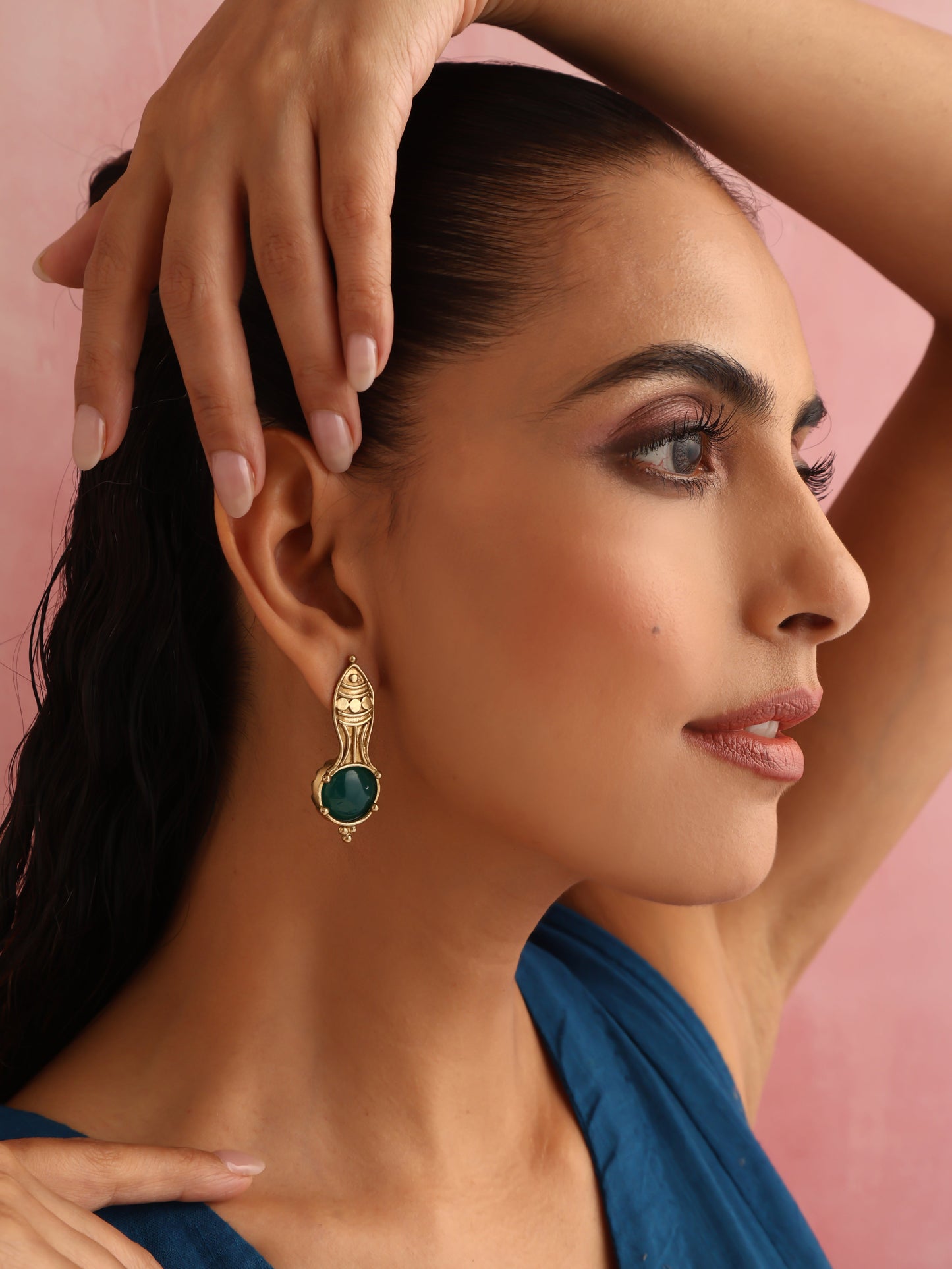 trueBrowns Brass Green Stone Abstarct Earrings - Swadesiicart