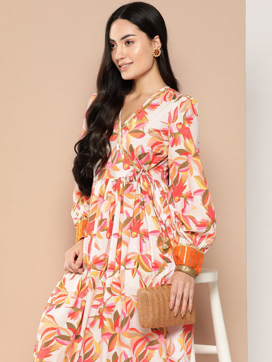 Ahalyaa Floral Printed Tie-Ups Crepe Empire Ethnic Dress | Swadesiicart