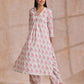 trueBrowns Pink Green Buta On White Block Print Cotton Slit Kurta Pant Set | Swadesiicart