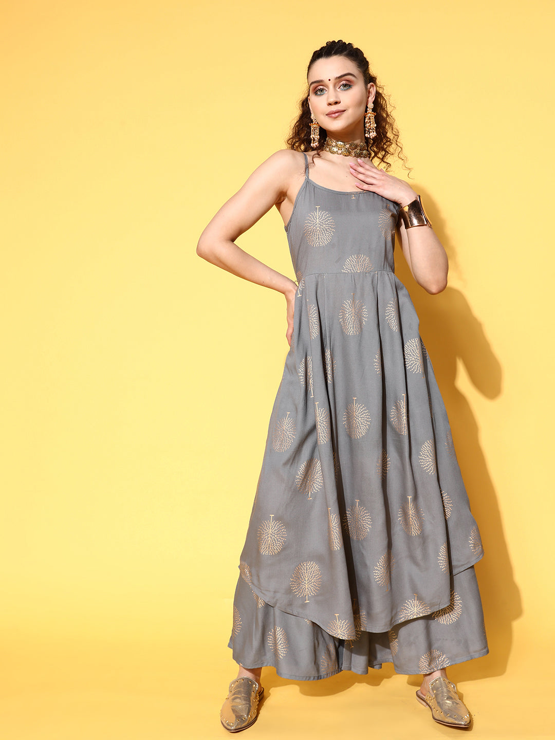 InWeave Women's Grey Gold Strappy Kurta Set - Swadesiicart