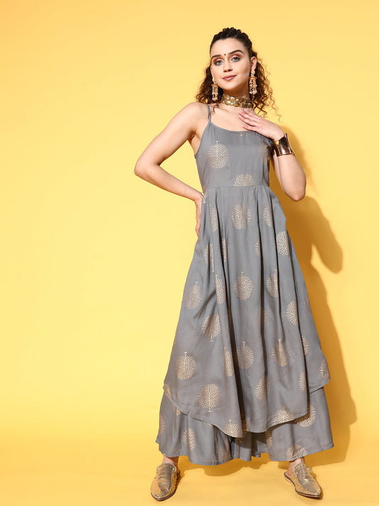 InWeave Women's Grey Gold Strappy Kurta Set - Swadesiicart