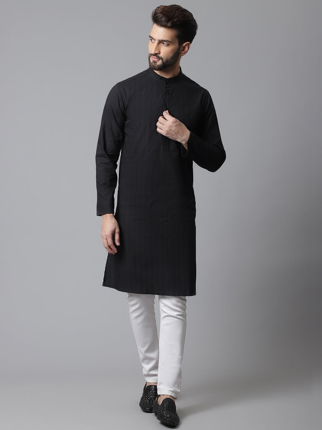 Even Apparels Black Striped Kurta With Band Collar | Swadesiicart