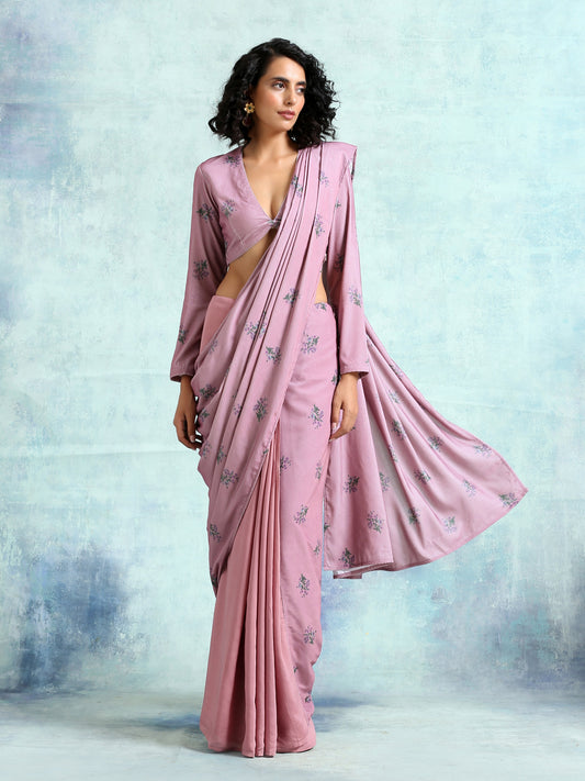 trueBrowns Light Mauve Printed Velvet Ready to Wear Saree | Swadesiicart