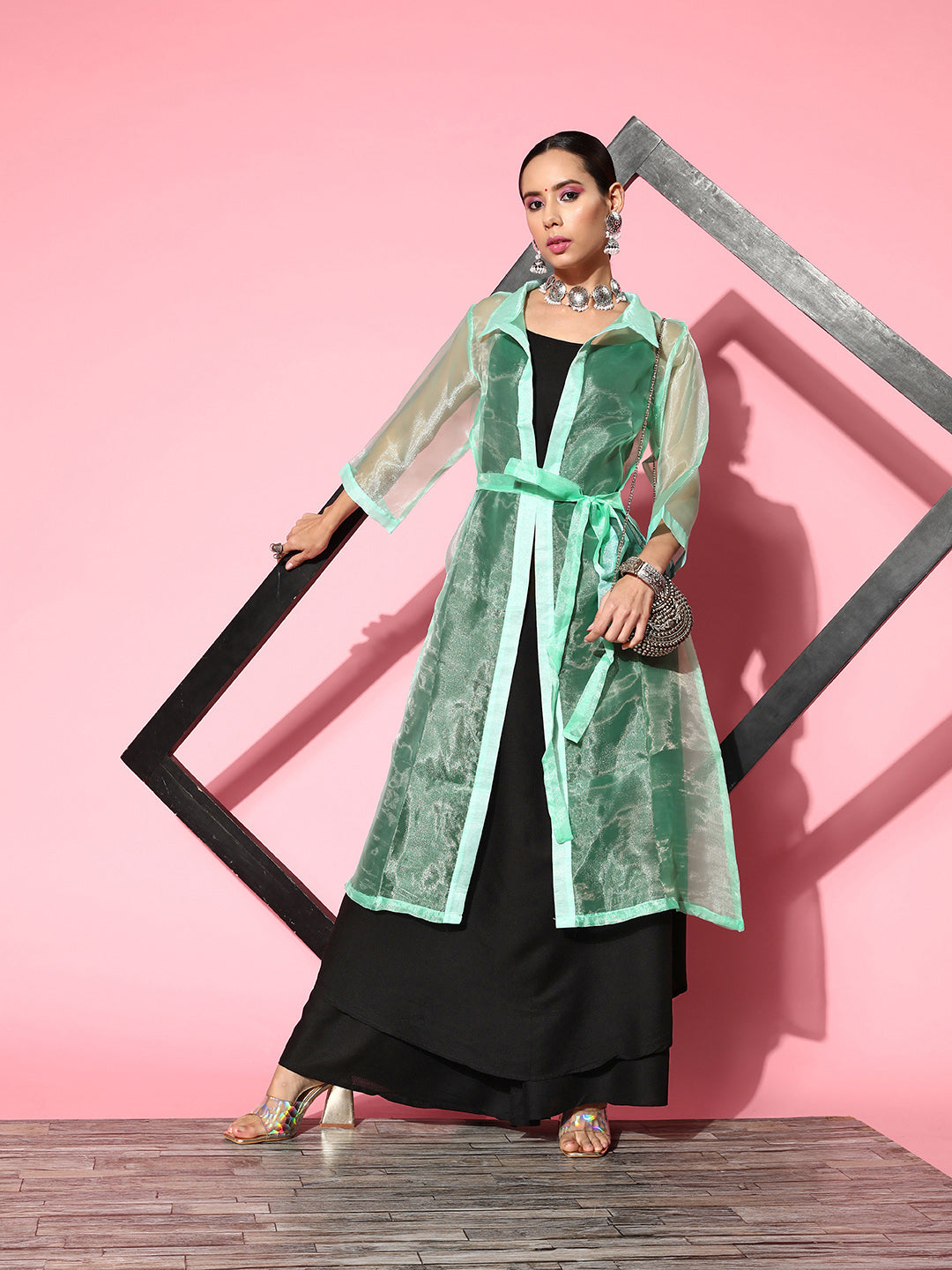 InWeave Women's Black Strappy Kurta Set With Teal Organza Cape - Swadesiicart