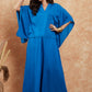 InWeave Women's Ink Blue Solid Collar Neck Boho Top Bottom Set - Swadesiicart