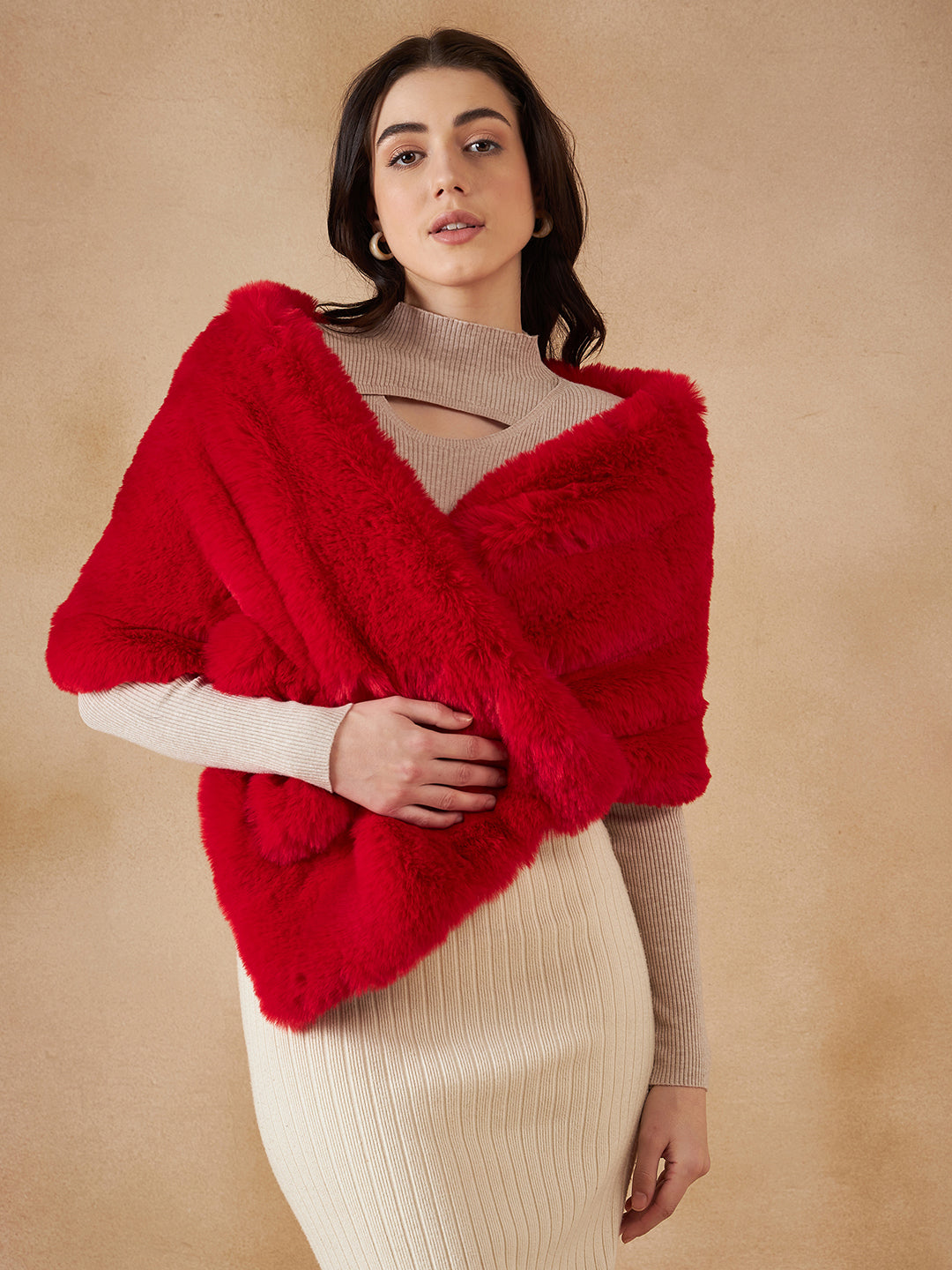 InWeave Women's Cherry Red Long Faux Fur Cape - Swadesiicart