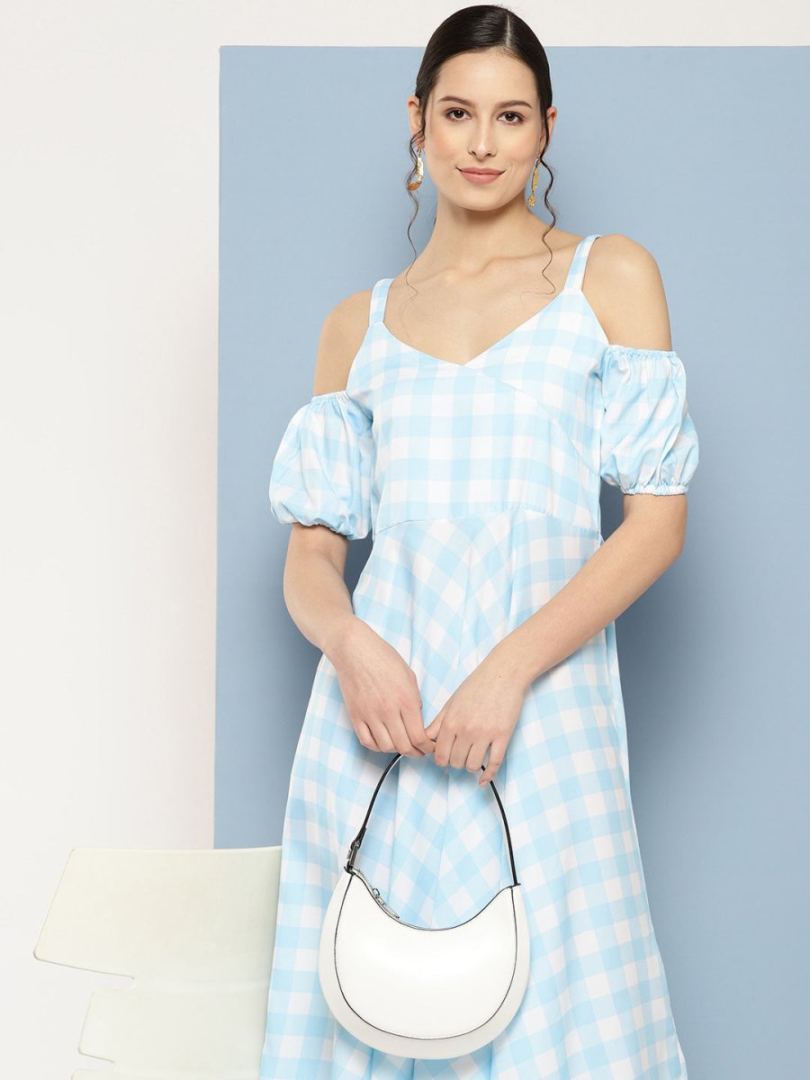 Ahalyaa Checked Cold-Shoulder Sleeves Midi Empire Ethnic Dress | Swadesiicart